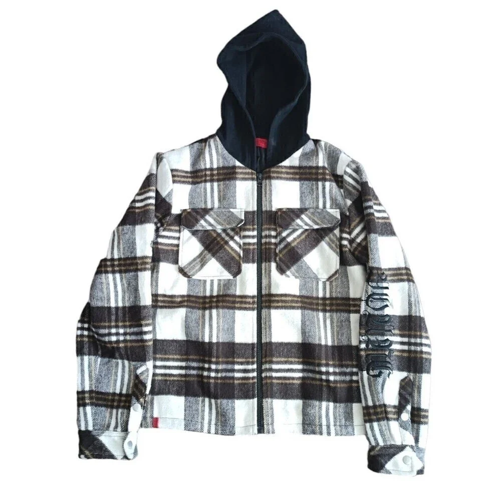 Haus Of Jr Plaid Flannel Jacket Kids Size 14 Brown Hooded Long Sleeve